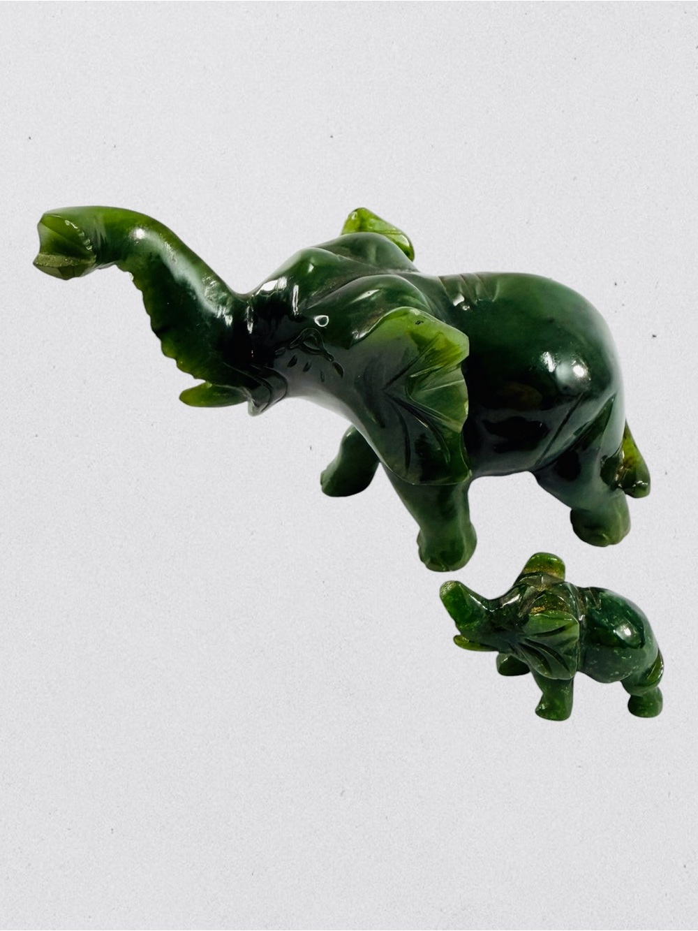 Natural Nephrite Green Jade Elephant And Baby Figurines Lot Of Two Africa READ